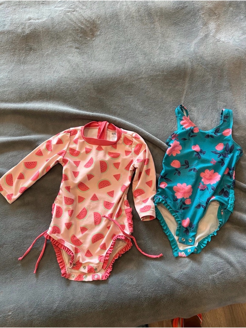 Kids Ruffle One-Piece Swimsuit - Pink Watermelon & Teal Floral Set